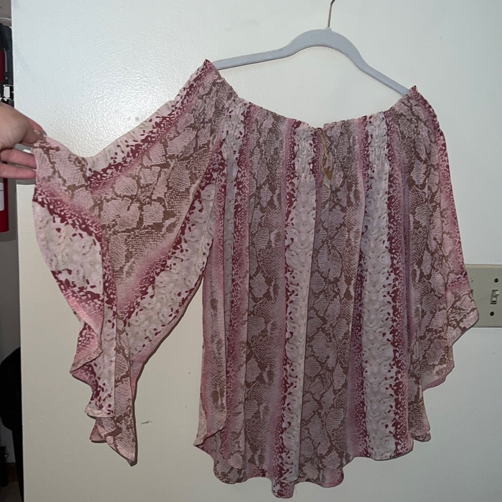 NWT KORI AMERICA snake, print bell sleeve off the shoulder, sheer blouse